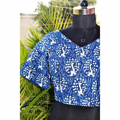 Indigo Block Print Blouse Princess Cut - SSEthnics