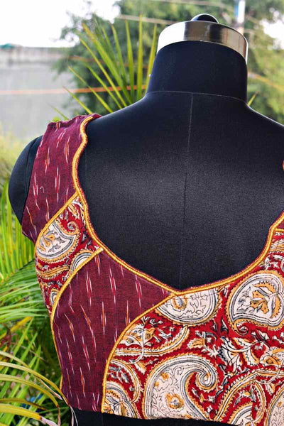 Maroon Ikat Blouse with Kalamkari Details - SSEthnics