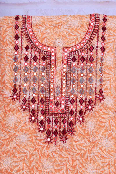 Peach Georgette Tepchi Kurti Fabric with Neck Embroidery - SSEthnics