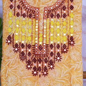 Yellow Georgette Tepchi Kurti Fabric with Neck Embroidery - SSEthnics