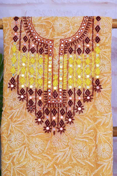 Yellow Georgette Tepchi Kurti Fabric with Neck Embroidery - SSEthnics