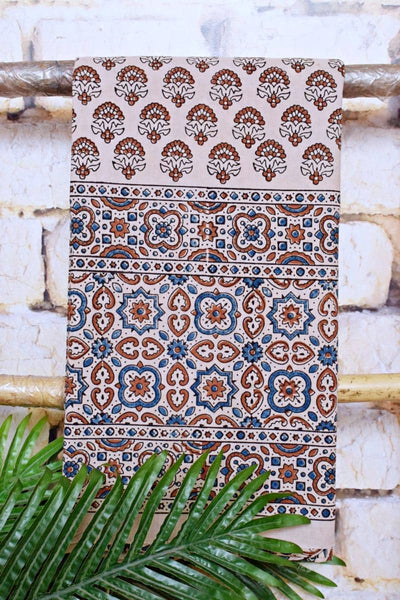 Cream Ajrakh Block Print Designer Kurti Fabric - SSEthnics