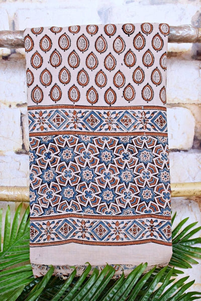 Cream Ajrakh Block Print Designer Kurti Fabric - SSEthnics