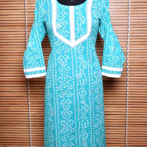 Blue Sanganeri Screen Print Kurti with Embroidery - SSEthnics