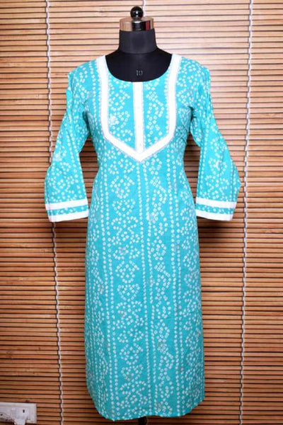 Blue Sanganeri Screen Print Kurti with Embroidery - SSEthnics