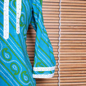 Blue Sanganeri Screen Print Kurti with Embroidery - SSEthnics