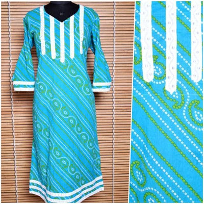 Blue Sanganeri Screen Print Kurti with Embroidery - SSEthnics