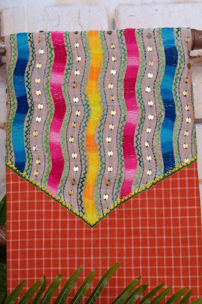 Orange Customised Phulkari Kurti Fabric - SSEthnics