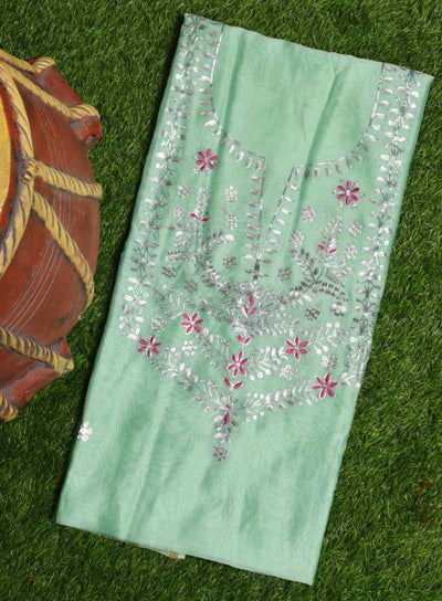 Pista Green Pittan Work Chanderi Silk Kurti Fabric - SSEthnics