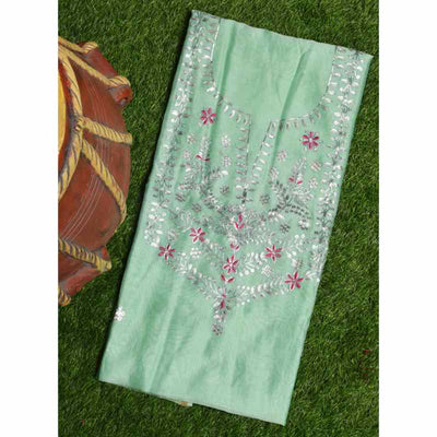 Pista Green Pittan Work Chanderi Silk Kurti Fabric - SSEthnics