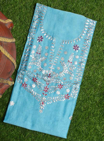 Sky Blue Pittan Work Chanderi Silk Kurti Fabric - SSEthnics