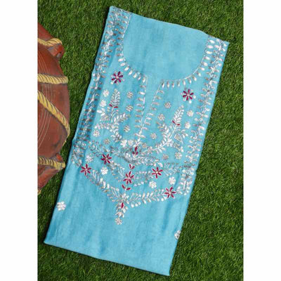 Sky Blue Pittan Work Chanderi Silk Kurti Fabric - SSEthnics