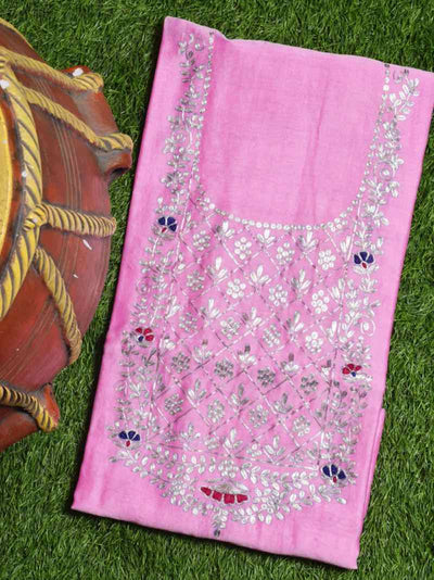 Pink Pittan Work Chanderi Silk Kurti Fabric - SSEthnics
