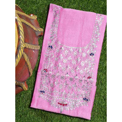 Pink Pittan Work Chanderi Silk Kurti Fabric - SSEthnics