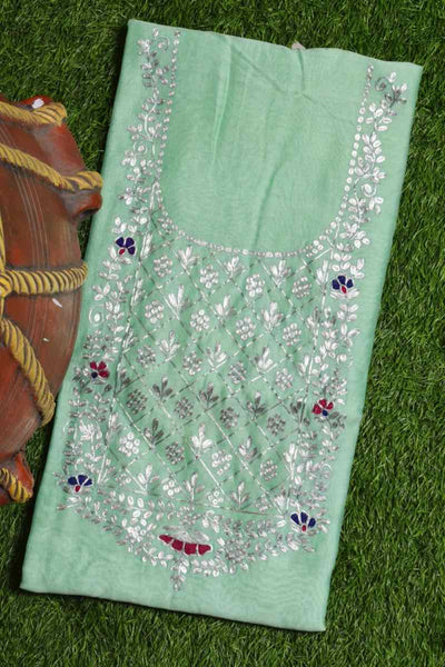 Pista Green Pittan Work Chanderi Silk Kurti Fabric - SSEthnics