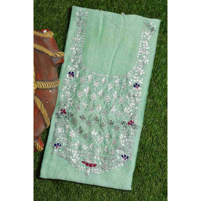 Pista Green Pittan Work Chanderi Silk Kurti Fabric - SSEthnics