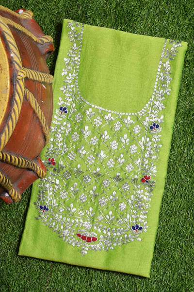 Green Pittan Work Chanderi Silk Kurti Fabric - SSEthnics