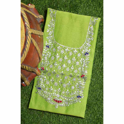 Green Pittan Work Chanderi Silk Kurti Fabric - SSEthnics