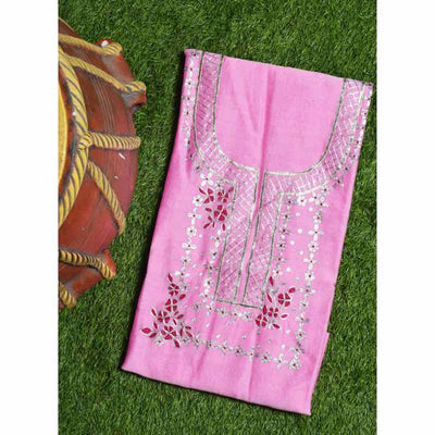 Pink Pittan Work Chanderi Silk Kurti Fabric - SSEthnics