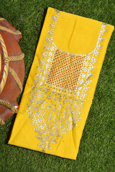 Yellow Pittan Work Chanderi Silk Kurti Fabric - SSEthnics