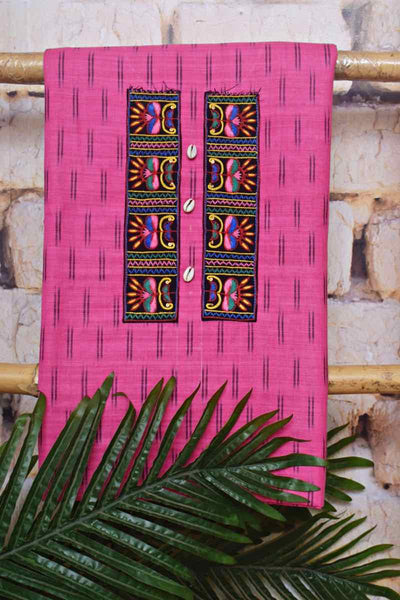 Pink Bhagalpuri Ikat Hand Embroidered Kurti - SSEthnics