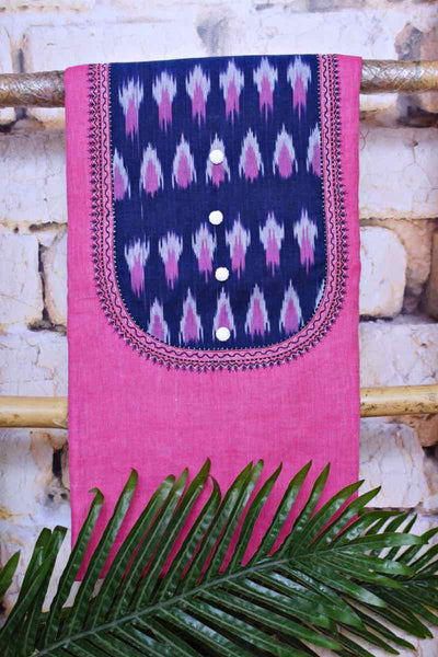 Pink Ikat Patchwork Linen Kurti - SSEthnics