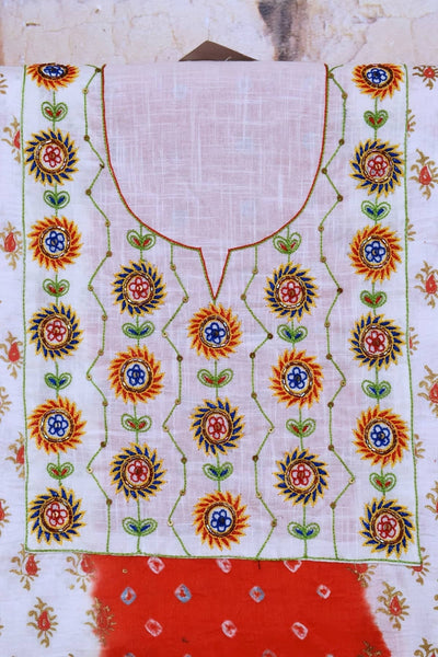 Red Bandhani Panelled Kurti with Hand Embroidery