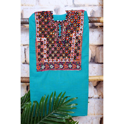 Blue Cotton Kutch Old Work Kurti Fabric