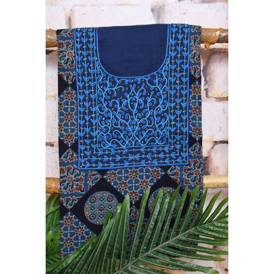 Indigo Ajrakh Block Print Hand Embroidered Kurti