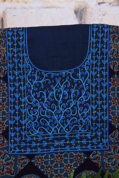 Indigo Ajrakh Block Print Hand Embroidered Kurti