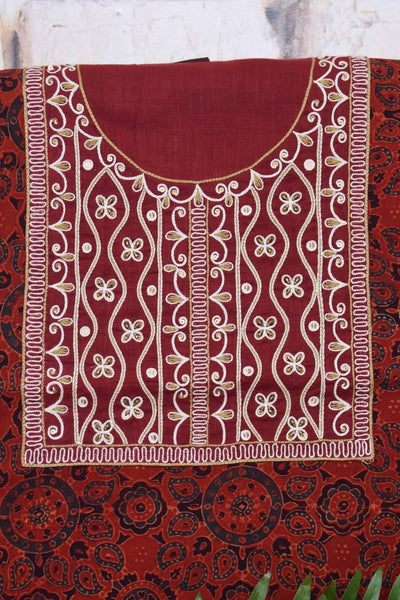 Madder Ajrakh Block Print Hand Embroidered Kurti