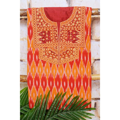 Orange Ikat Hand Embroidered Kurti