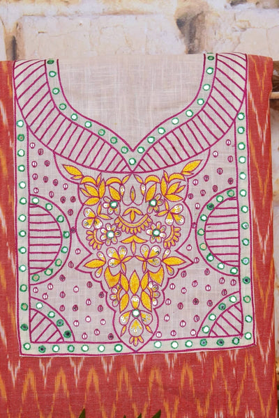 Peach Ikat Hand Embroidered Kurti
