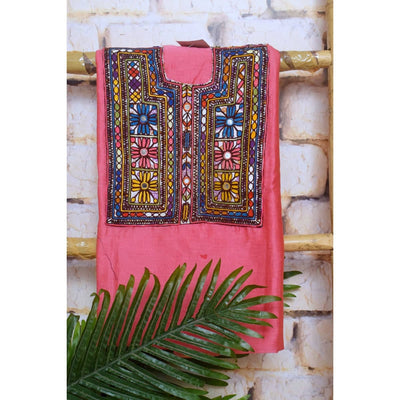 Pink Maheshwari Silk Kutch Old Work Kurti Fabric