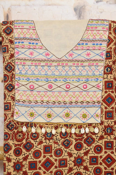 Cream Ajrakh Lambani Hand Embroidered  Kurti