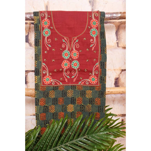 Green Ajrakh Block Print Hand Embroidered Kurti Fabric