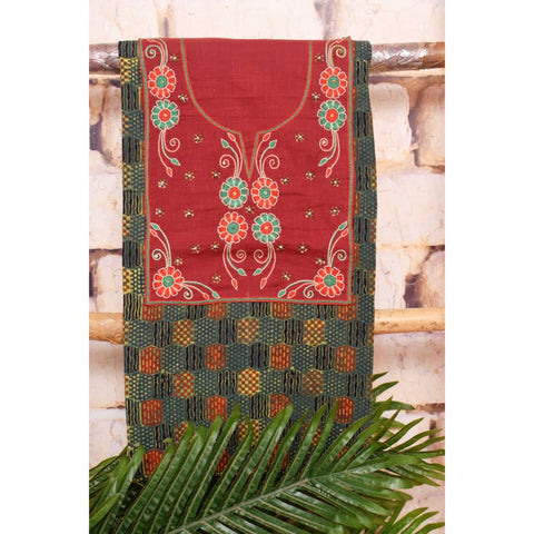 Green Ajrakh Block Print Hand Embroidered Unstitched Kurti Fabric