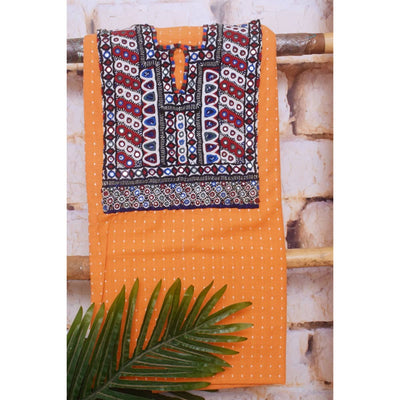 Orange Cotton Kutch Old Work Kurti Fabric