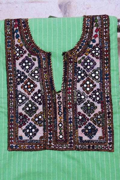Green Cotton Kutch Old Work Kurti Fabric