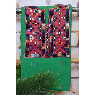 Green Cotton Kutch Old Work Kurti Fabric