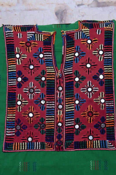 Green Cotton Kutch Old Work Kurti Fabric