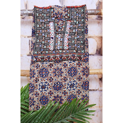 Cream Ajrakh Cotton Kutch Oldwork Kurti Fabric