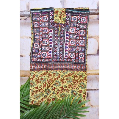 Yellow Ajrakh Cotton Kutch Oldwork Kurti Fabric