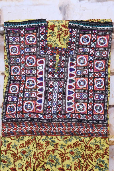 Yellow Ajrakh Cotton Kutch Oldwork Kurti Fabric