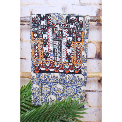 Cream Ajrakh Cotton Kutch Oldwork Kurti Fabric