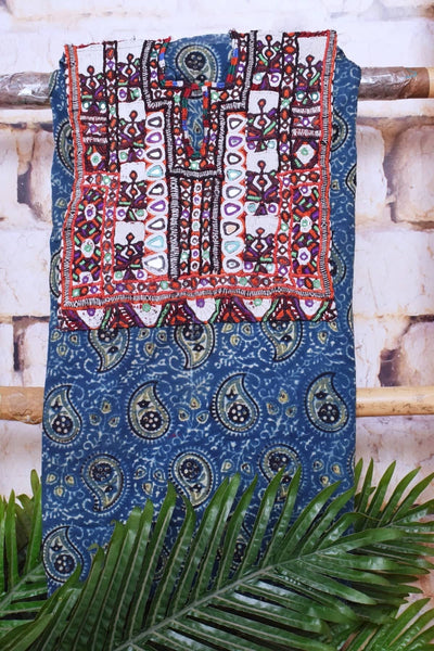 Indigo Ajrakh Cotton Kutch Oldwork Kurti Fabric