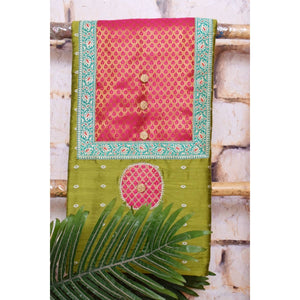 Green Cotton Silk Brocade Patchwork Kurti