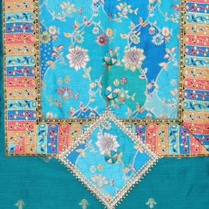 Blue Cotton Silk Brocade Patchwork Kurti