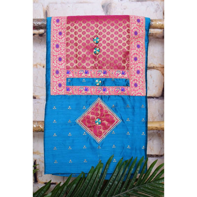 Blue Cotton Silk Brocade Patchwork Kurti