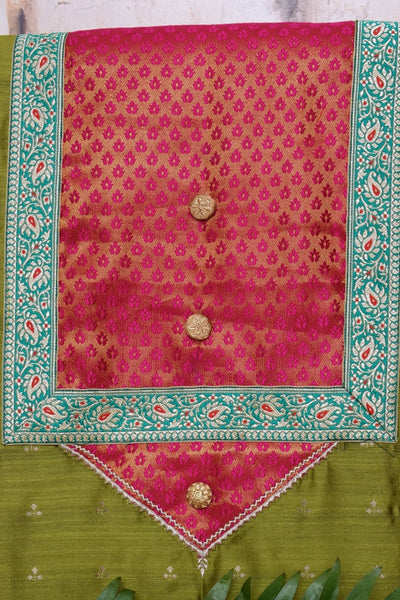 Green Cotton Silk Brocade Patchwork Kurti